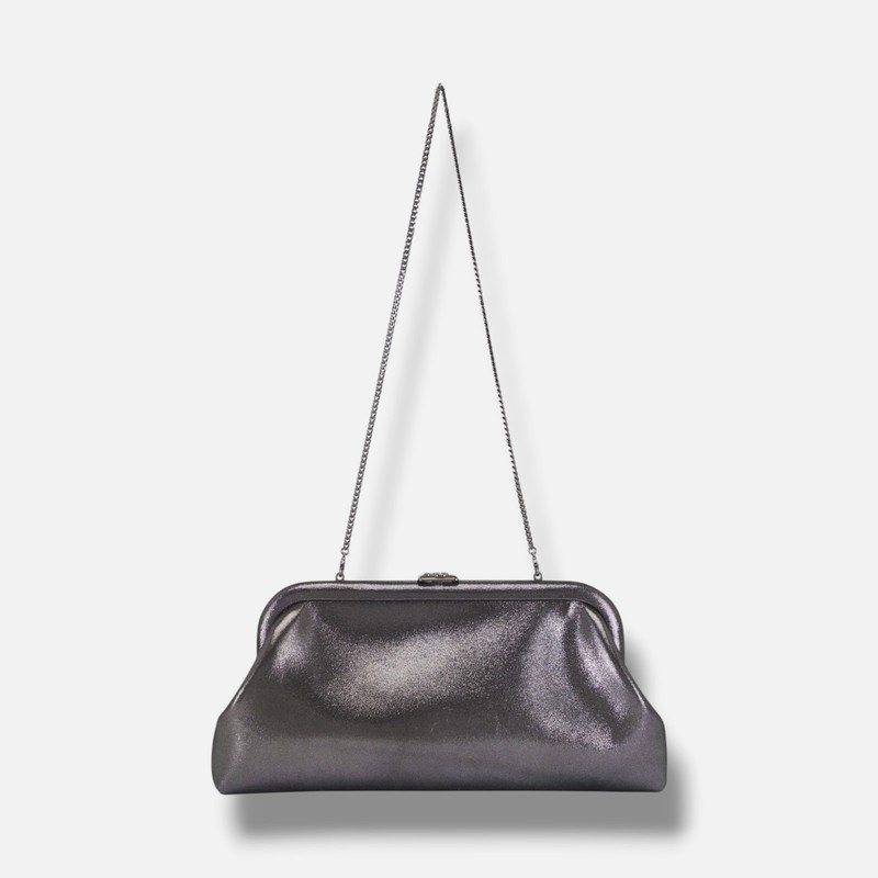 Jimmy Choo Women’s Silver Shimmer Suede Chain Strap Skylar Clutch Bag