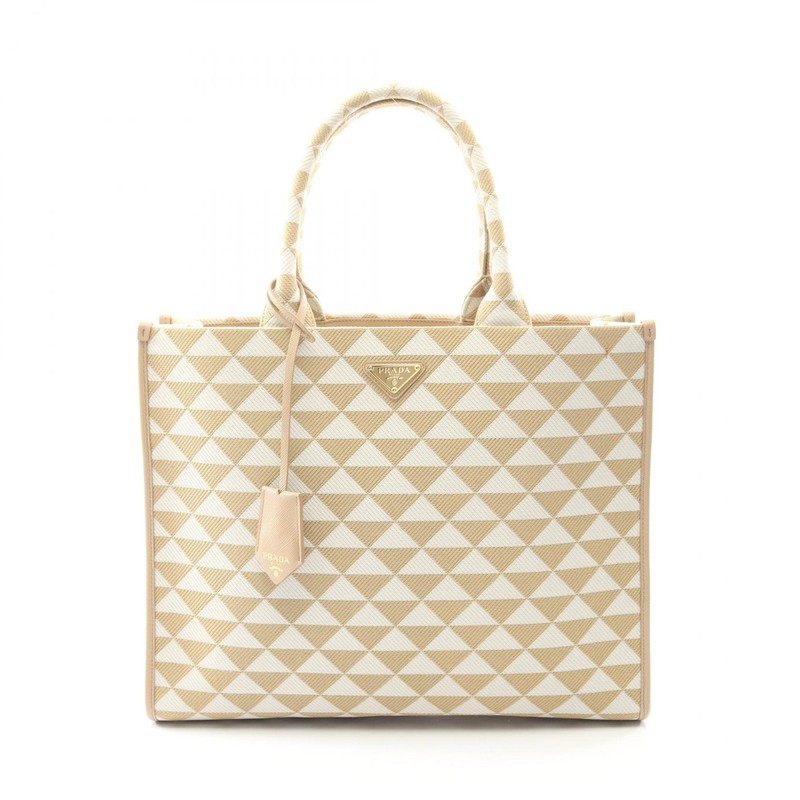 PRADA TRIANGOLO JACQUARD SYMBOL EMBROIDERY Tote Handbag 1BA356 canvas Beige Used
