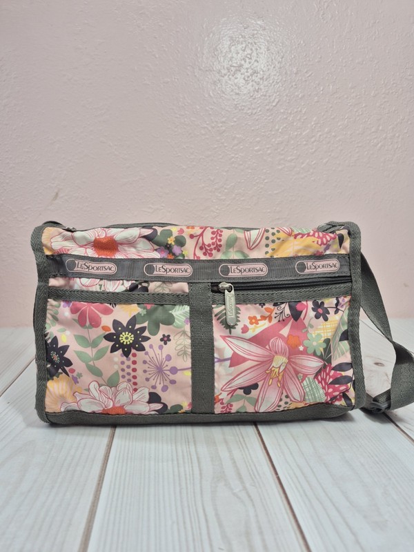 LeSportsac Floral Crossbody Shoulder Bag Pink Gray Travel Everyday Purse USED gallery