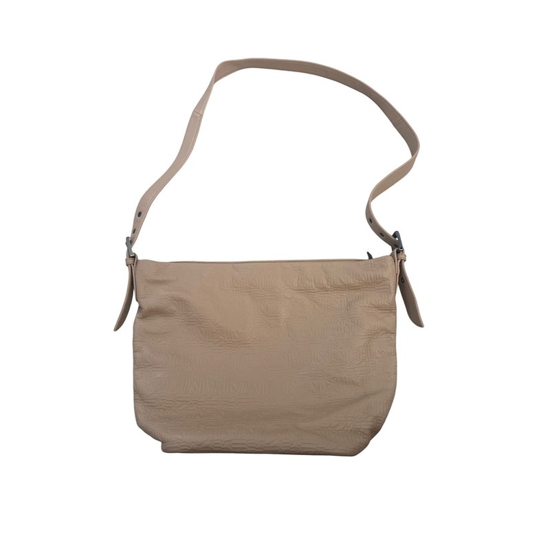 Stone Mountain Tan Leather Embossed Logo Shoulder Bag Adjustable Strap Beige
