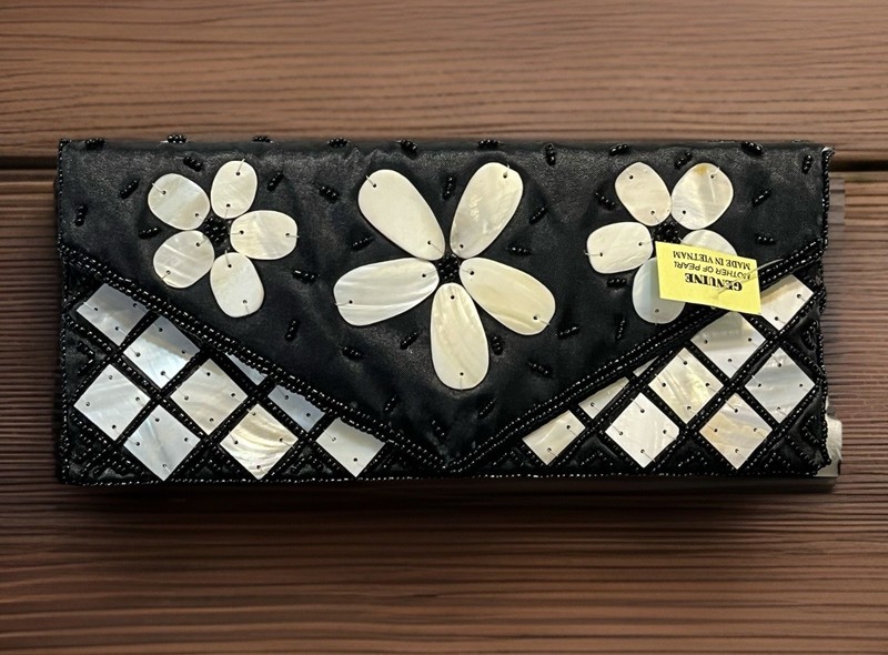 Mother of Pearl Black Beaded Purse Clutch Unique Hand Evening Bag Vietnam Tags