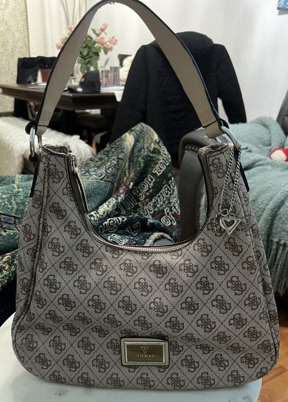 Guess Monogram Shoulder Bag Brown Logo Canvas Charm Medium Hobo Purse Y2K gallery