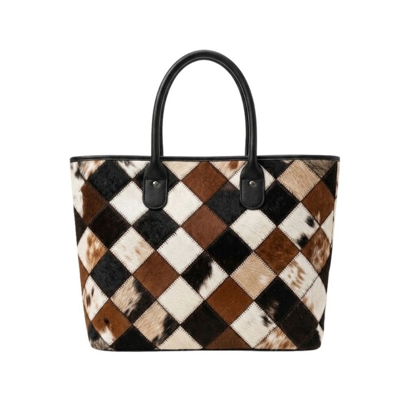 Handmade Patchwork Cowhide Leather Tote – Diamond Pattern Hair-On Handbag gallery