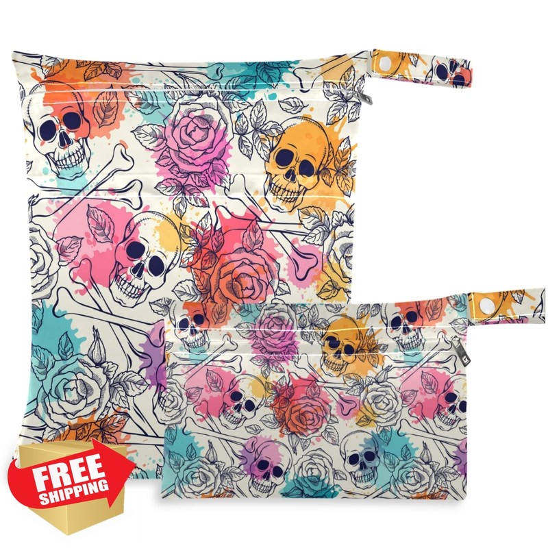 visesunny Skull Rose Wet Bag Multi5 Zippered Pockets