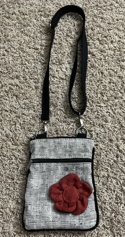 Berkshire Bags Crossbody Purse. Gray With Red Flower. 9” long, 7” across, zips