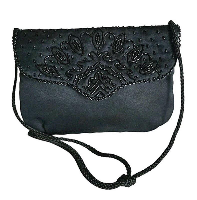 VINTAGE Kane-M Purse Beaded Floral Design Black Fabric, Braided Strap, Handbag