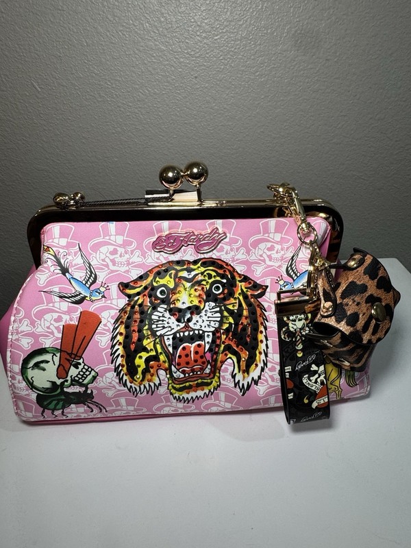 Ed Hardy Pink Tiger Kiss Lock Purse Rhinestone Shoulder Key Chain- NWT Y2K gallery
