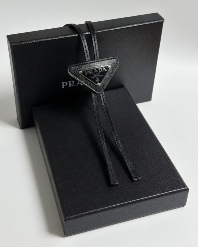 PRADA Logo Saffiano Black Leather Bolo Tie Triangular Plate Brand New with Box