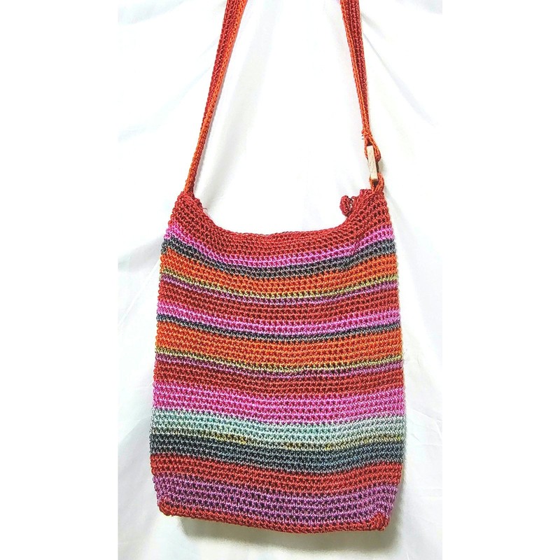 Liz Claiborne – Red & Pink Multi-Color Stripe Crochet Shoulder Bag, Boho Purse