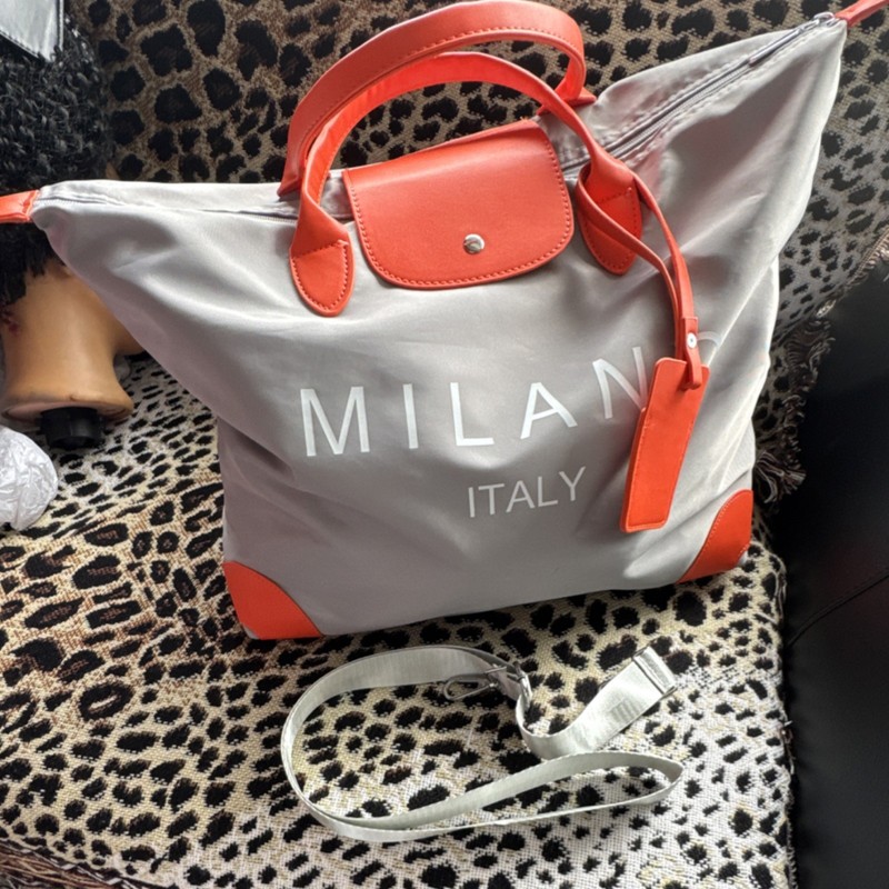 Gray & Orange Tote Bag with Logo Accent, Detachable Strap, Contrast Trim, Snap