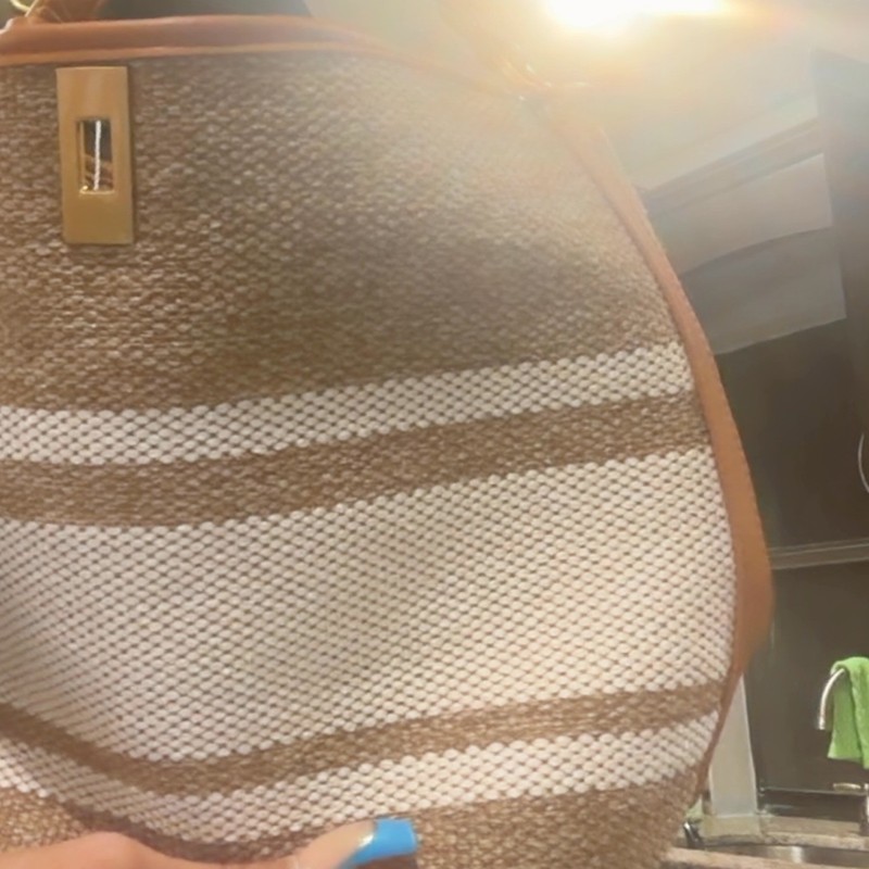Striped Brown/Beige Bucket & Drawstring Bag Round Top Handle, Detachable Strap gallery