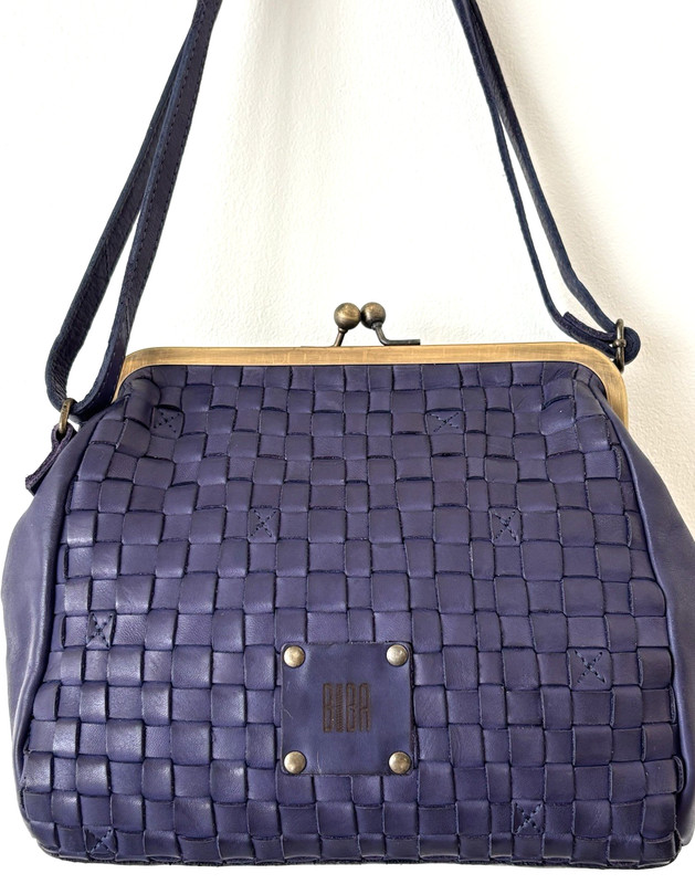 Biba Purple Leather Crossbody Handbag Pockets Cotton Lined Made in Spain 11"W gallery