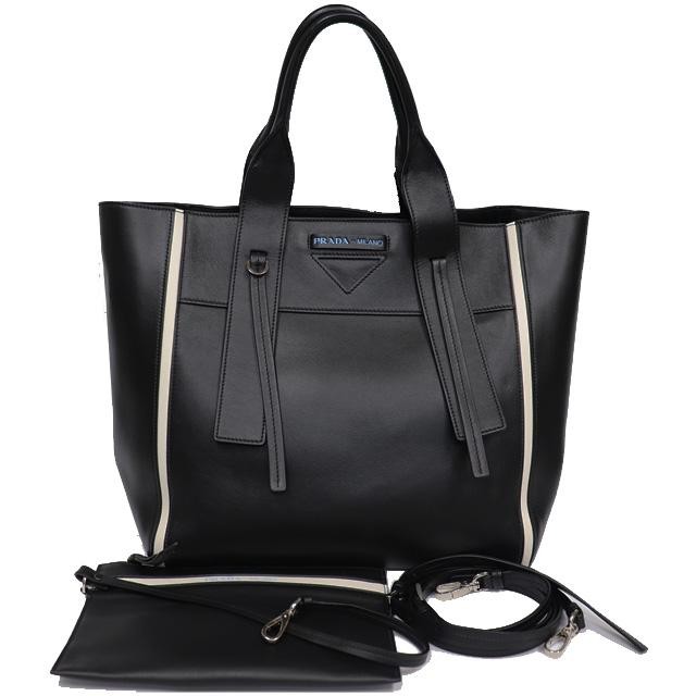 PRADA Bag: 2way Tote 1BG233 Black/White/Blue W41/31×H29×D13cm w/strap pouch;