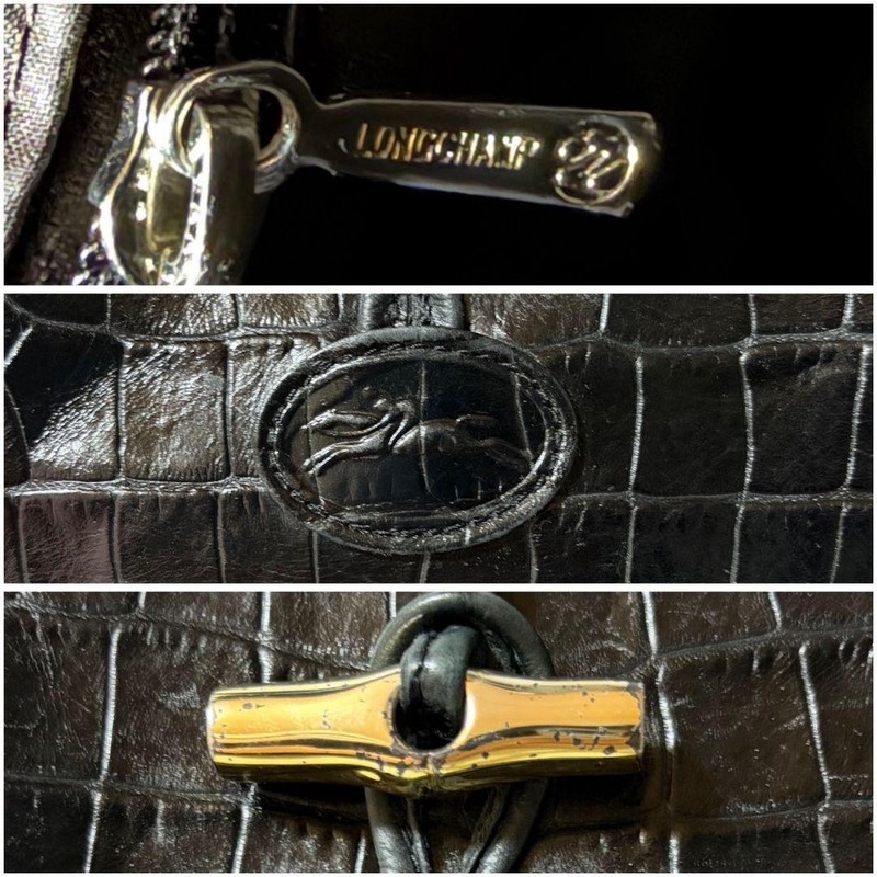 Longchamp Roseau Tote Bag Croco Embossed Leather Black A4 Gold Bamboo gallery