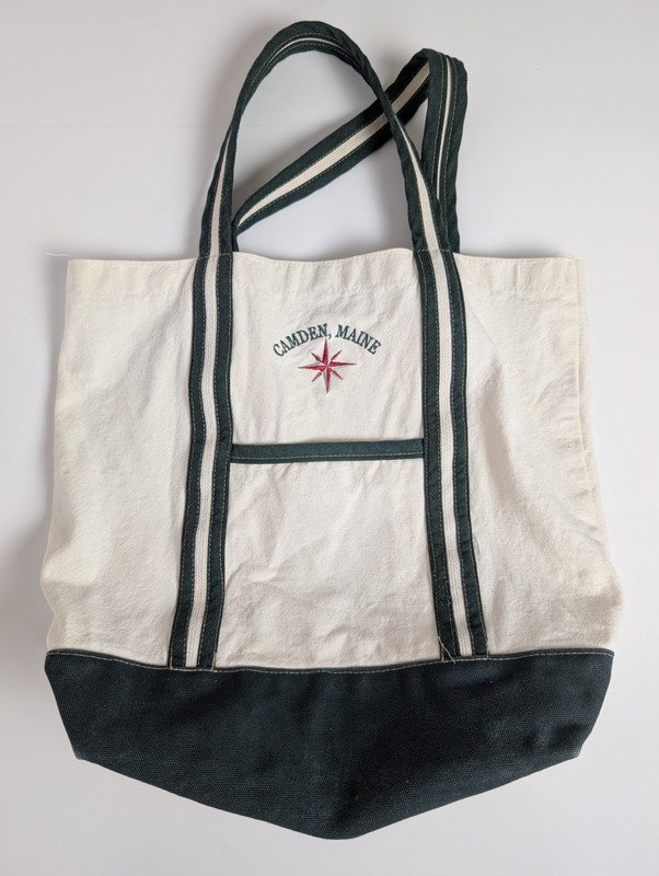 Canvas Tote Bag Camden Maine Embroidered Compass Heavy-Duty 17″x13″ Green Trim