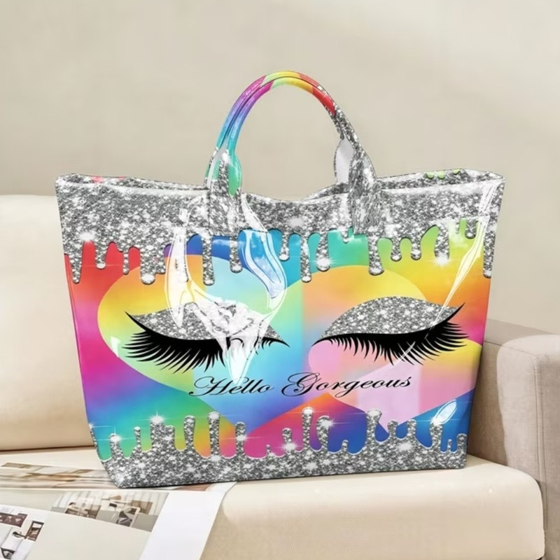Hello Georgeous Multicolor Glitter Eye Print Tote Bag Top Handle Lined
