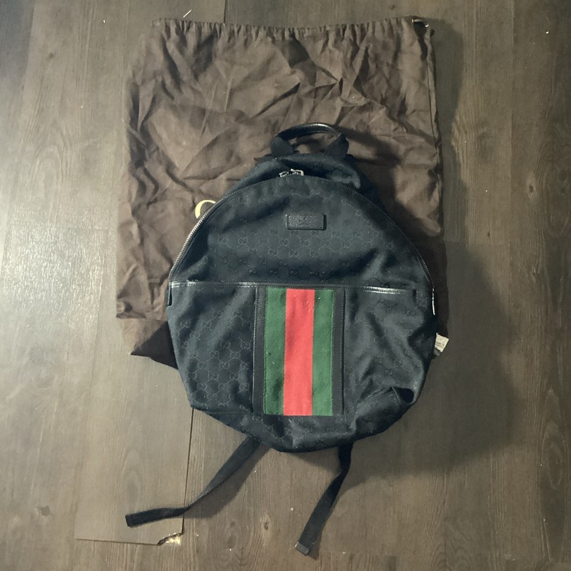 GUCCI UNISEX BACKPACK BLACK LOGO GG CANVAS MONOGRAM AND LEATHER ZIP