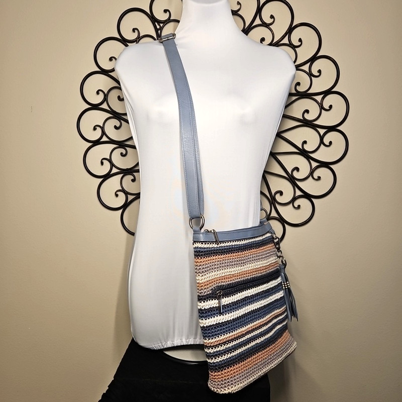 NEW The Sak Lucia Crochet Blue Faux Leather Zipper Crossbody Bag Tassel Striped