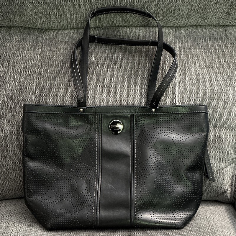 Coach Black Perforated Zip Tote, Detachable Strap, Lined, Inner Pockets