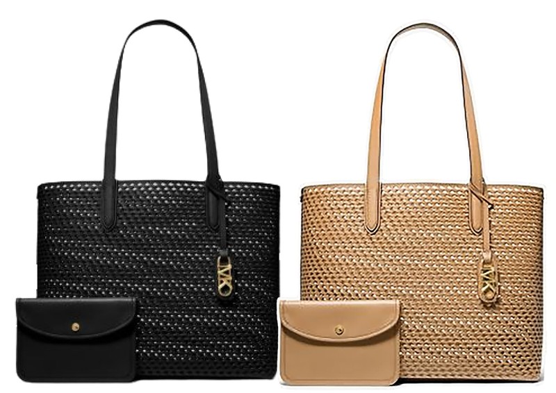 Michael Kors Eliza XL Hand Woven Leather Open Top Tote Black or Camel MSRP $458