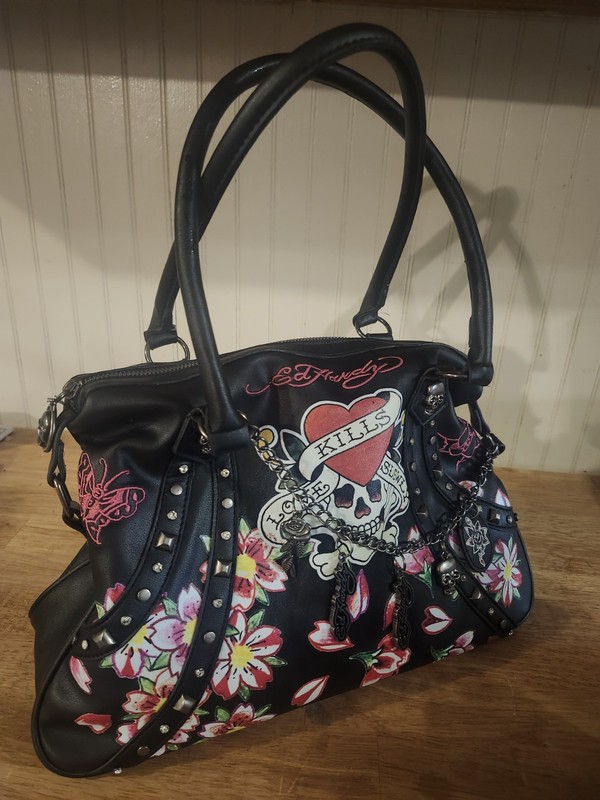 Ed Hardy Shoulder Bag Blck Pink Butterfly Studded Embroidered Skull Heart Floral