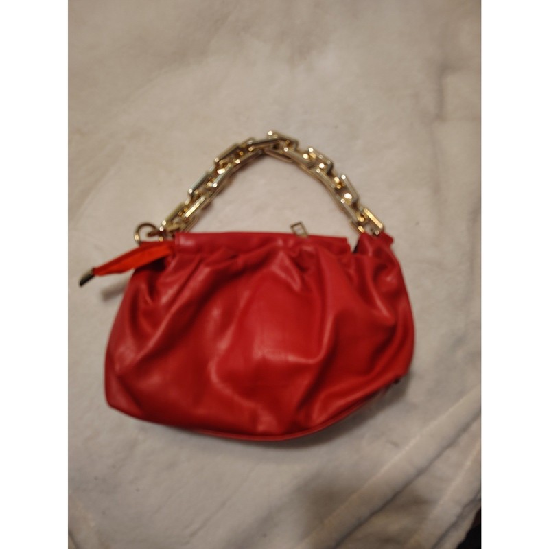 Red Ruched Faux Leather Hobo Handbag with Chunky Gold Chain Handle