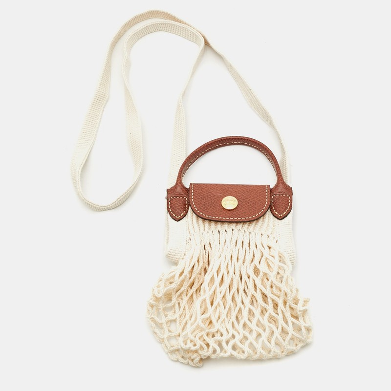 Longchamp Le Pliage XS Off WhiteBrown Leather and Mesh Crossbody Bag