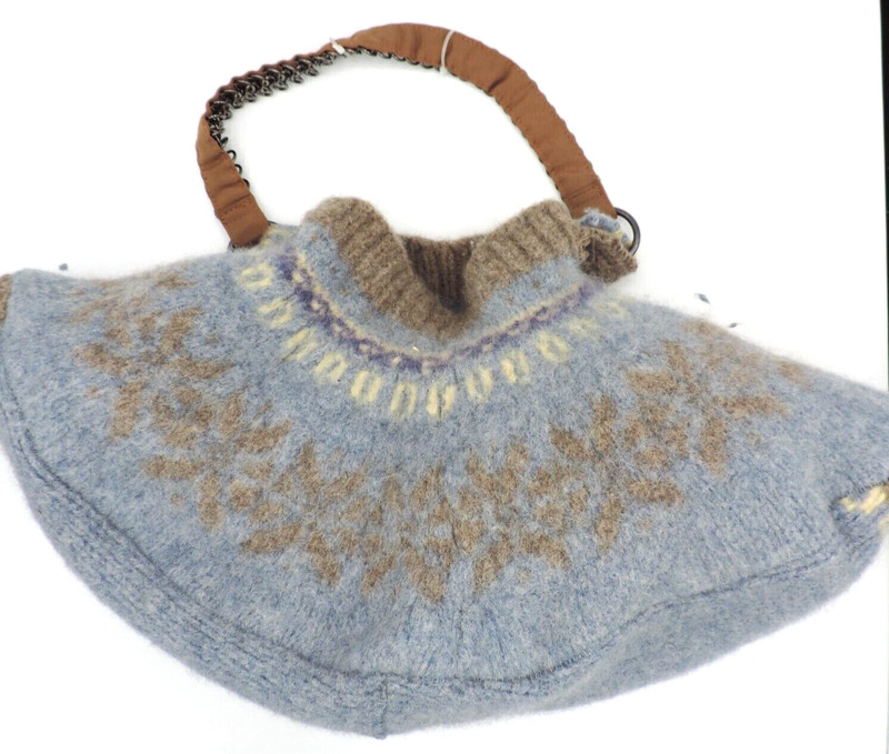 Handmade Felted Wool Blue/Beige Sweater Purse/Bag Decorative Strap Lined/Pocket