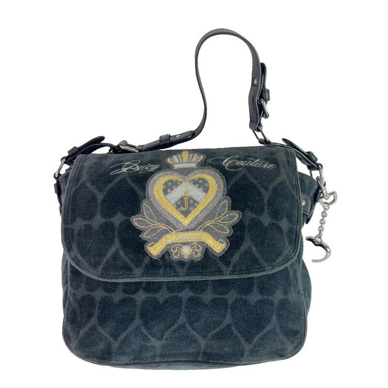 Vintage Y2K Juicy Couture Velour Purse Hearts Bag Messenger Black 12x10x5in