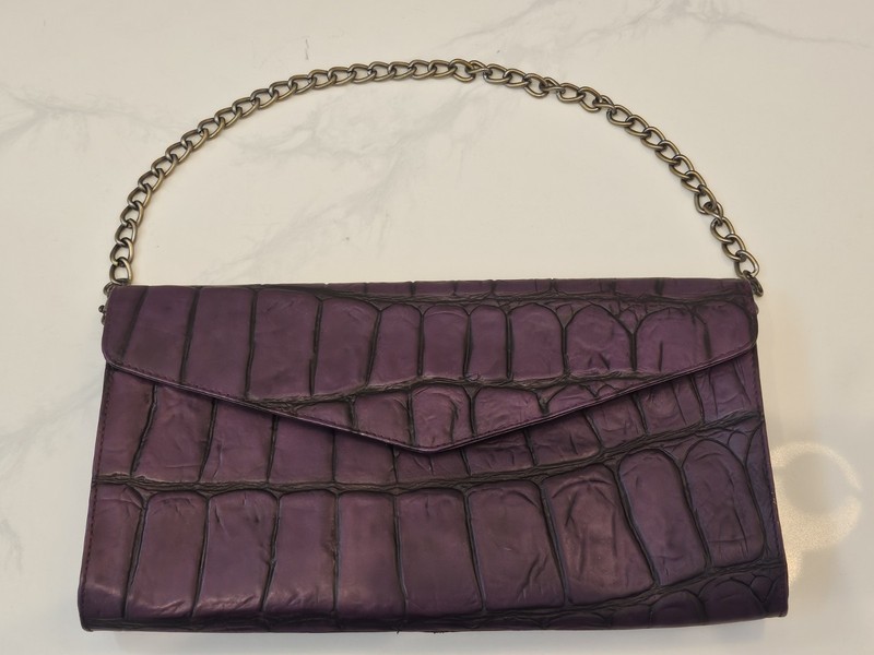 Michael Rome Purple Leather Croc Embossed Clutch With Chain Genuine Leather Good