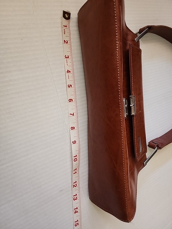 Small 12 Inch Brown Leather Purse 5 Inches Deep Secure Closure One Strap gallery