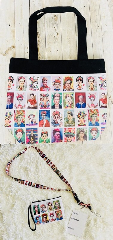 3 Piece Set 1 Frida Kahlo Tote Bag 12×14 Inches 1 Coin Bag 1 Lanyard