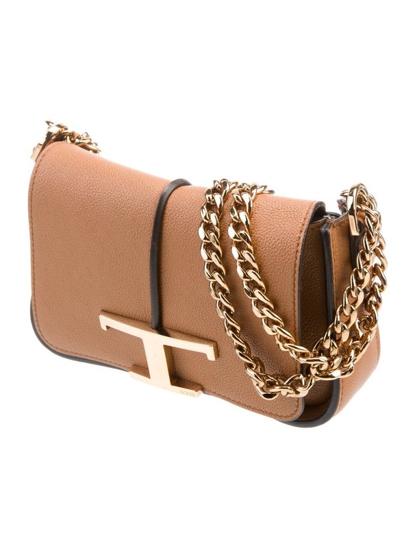 Tod's Timeless T Mini Shoulder Crossbody Brown Leather Bag Gold Chain Strap gallery