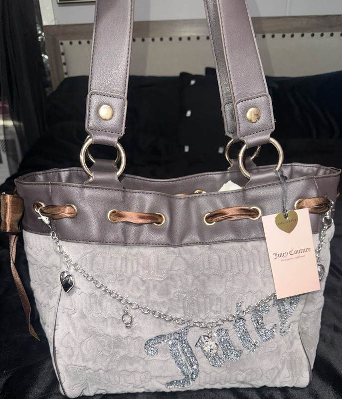 Juicy Couture Gray Logo Tote Bag Rhinestone Accents Chain Charm Drawstring
