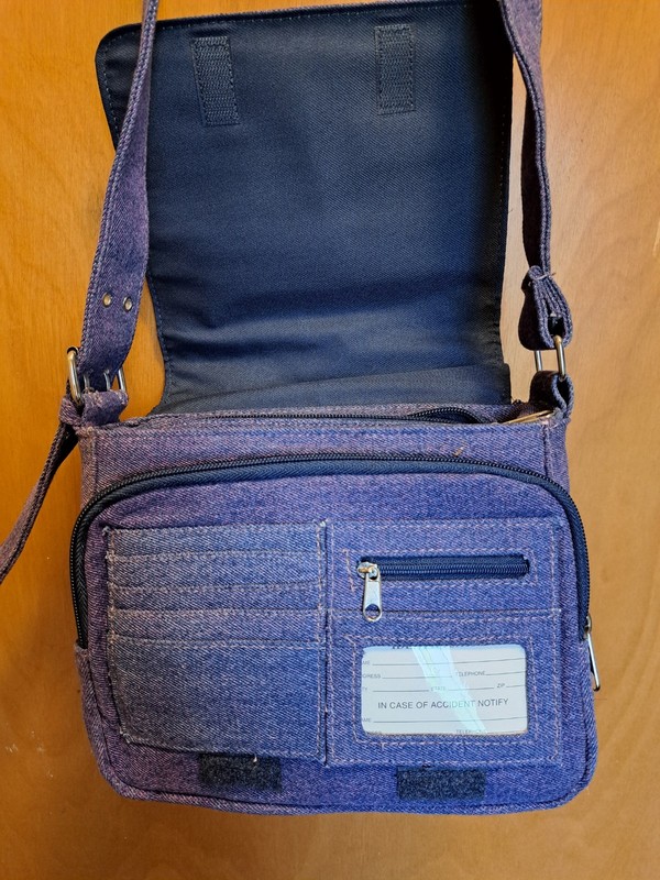 Womens Denim Crossbody Purse With A Pink Hue & Stitching. Multiple Compartment. gallery