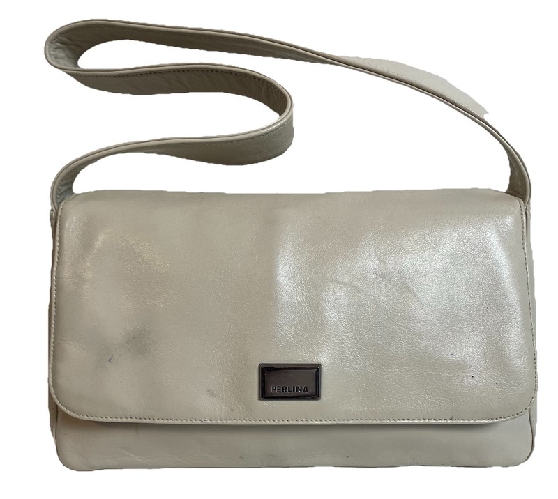Vtg 90s Perlina NY Shoulder Handbag Purse Ivory Beige Leather Small Party City