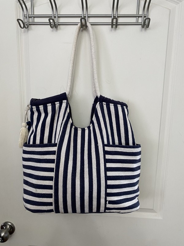 Blue White Striped Rope Handle Beach Bag – Roughly 15″ wide 12″ high
