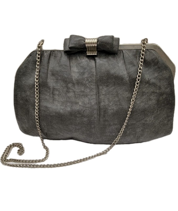 Vintage 1950’s Women’s Purse Grey Leather Shoulder Strap Bag Made In USA Bow