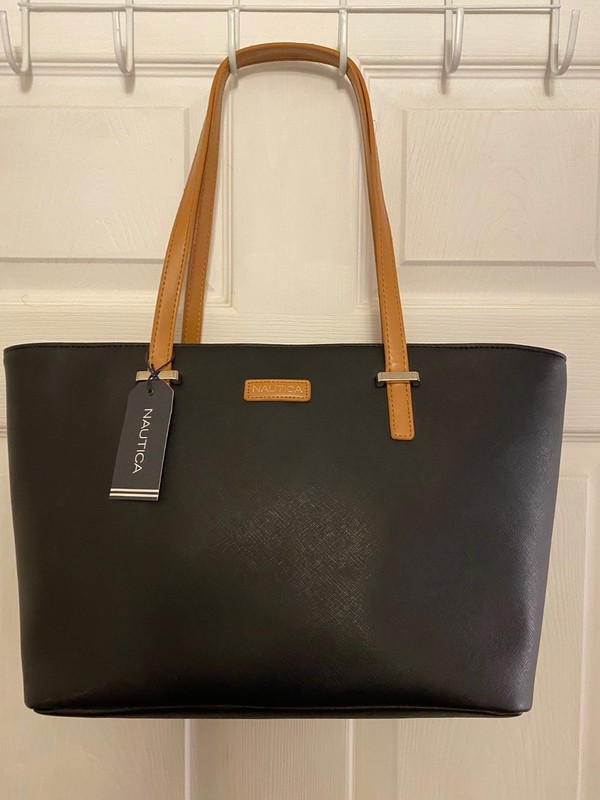 NAUTICA NWT $89 Signals Black Vegan Faux Leather Tote Bag Purse Shopper Carryall