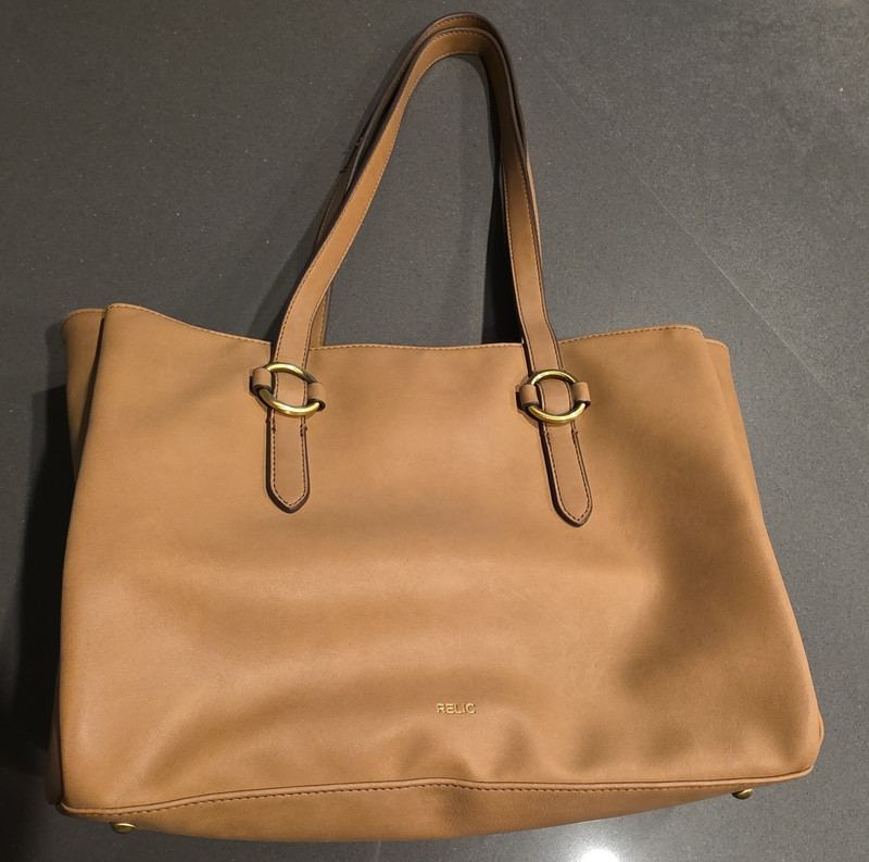 Relic Tan Tote Bag Zip Closure Double Handles Gold HW Buckle Inner Pockets