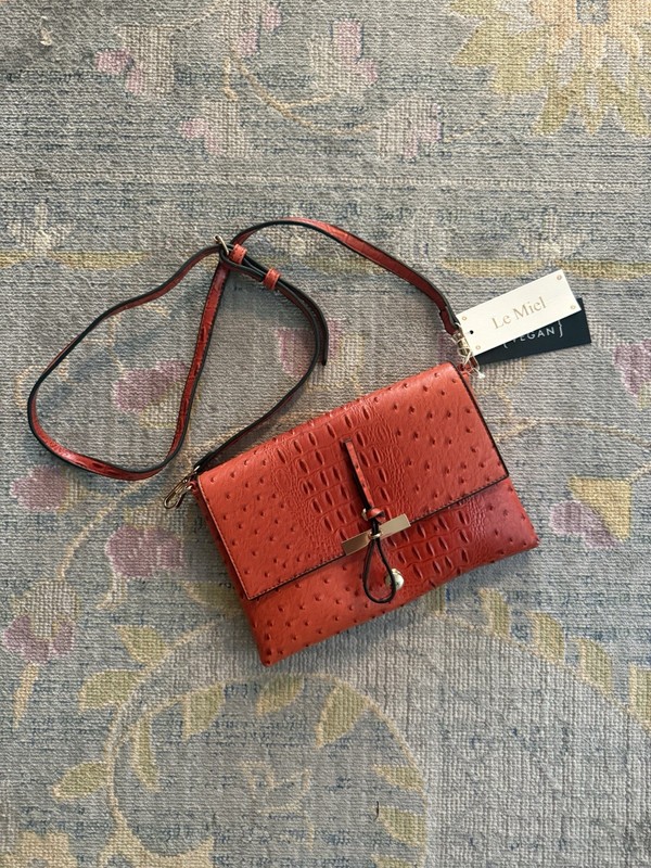 Le Miel Vegan Leather Crossbody | Rust Orange Croc & Ostrich Embossed