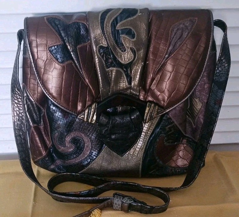 VTG Sharif EXOTIC LEATHER Snake Crossbody boho PATCHWORK copper brown bronze USA gallery