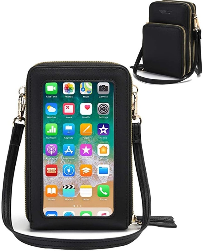 Touch Screen Crossbody Bag Multi Zipper Pocket Wristlet Hangbag RFID Blk Wallet