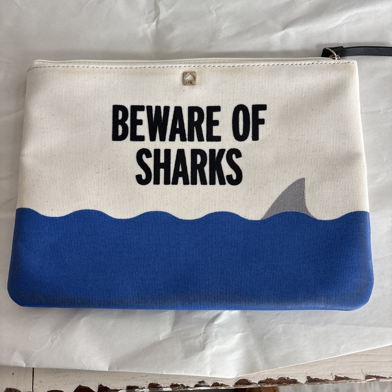 Kate Spade “Beware of Sharks” Canvas Zip Pouch / Clutch Blue White Shark Print