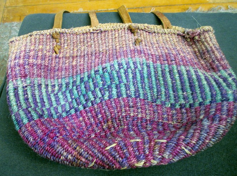 Vintage Sisal Market Jute & Leather Tote Bag in Beautiful Deep Colors – 13″ tall