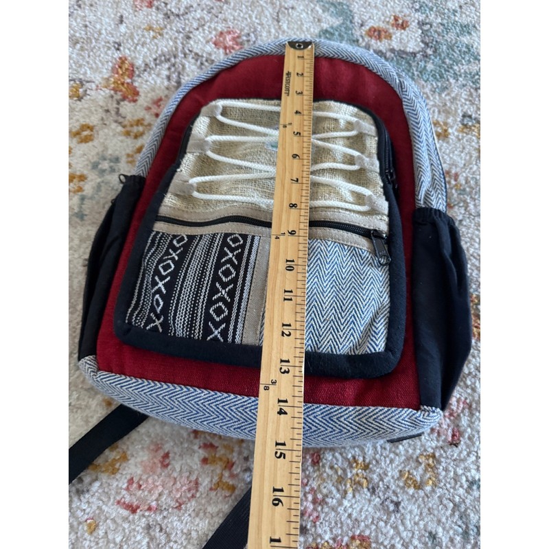 Himalayan Hemp Patchwork Backpack Red Blue Herringbone Boho Festival Bag Nepal gallery