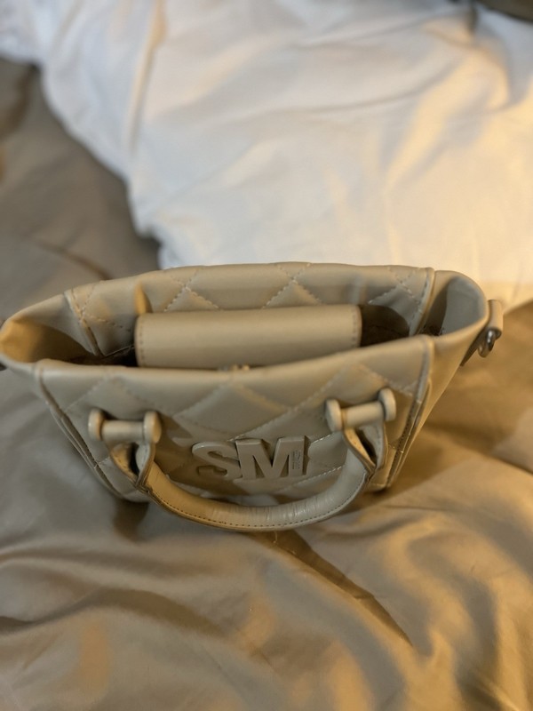 Steve Madden Beige Quilted Satchel Top Handle Crossbody Zip w/ SM Logo