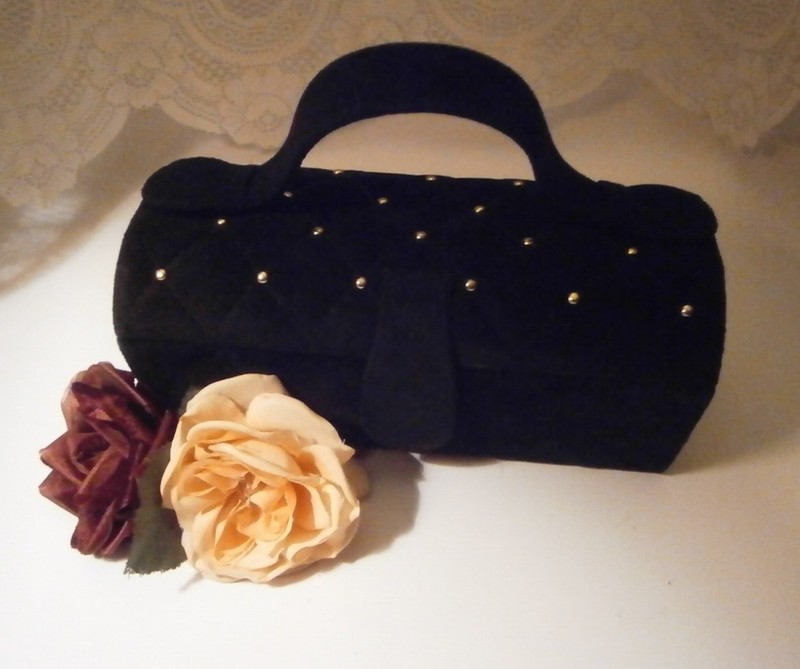 Vintage Tohpo Black Faux Suede Gold Stud Accents Boxy Barrel Top Handle Handbag