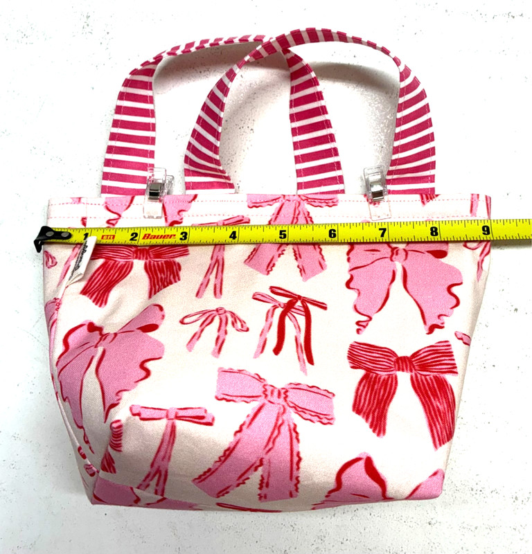 Handmade Fabric Lined Mini Tote Bag/Gift Bag White With Pink Ribbon Print New gallery