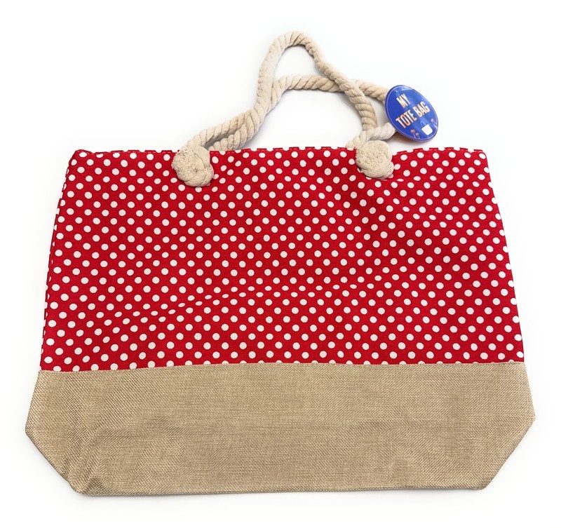 Women’s Red Polka Dot Canvas Beach Tote Bag Zipper Rope Handles Shoulder Bag